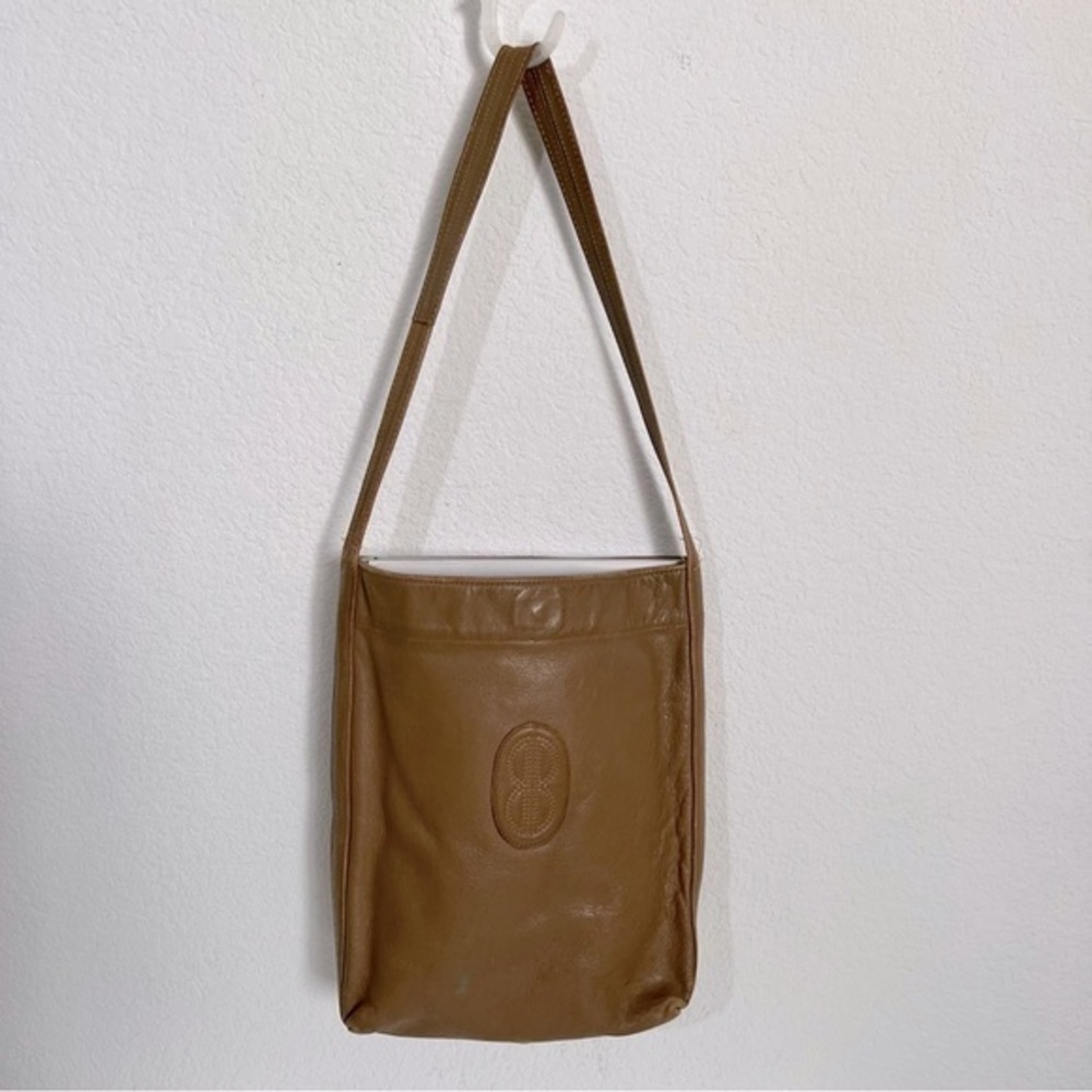 Vintage Bill Blass Nutmeg Tan Genuine Leather Messenger Laptop Bag Tote Murse